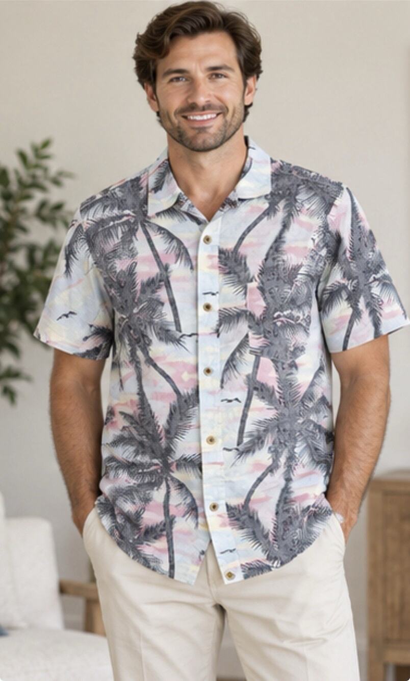 Coastal Hawaiian Shirt Mens Medium Palm Tree Tropical Beach Button Up